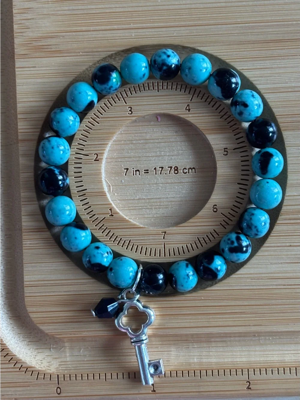 Blue & Black Jasper Beaded Bracelet with Key Charm